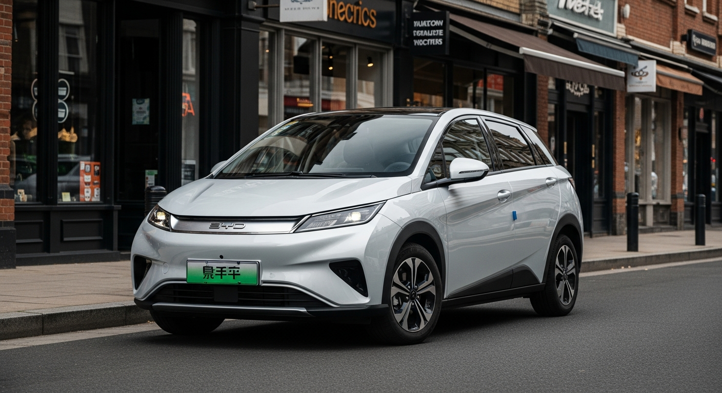 Front view of a BYD Dolphin parked on a lively city street in front of shops.
